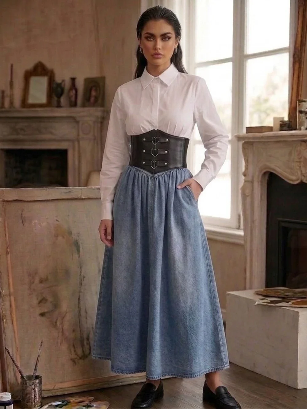 Corset Style‎ Triple Buckle Wide Belt Elastic Waist Band Faux Leather One Size